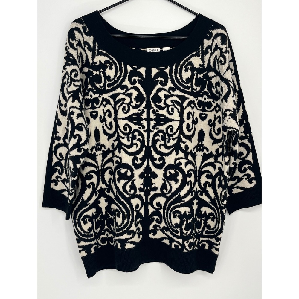 Cato Damask Scroll Knit Sweater Women 18/20 Black Cream Softgirl Dark Academia